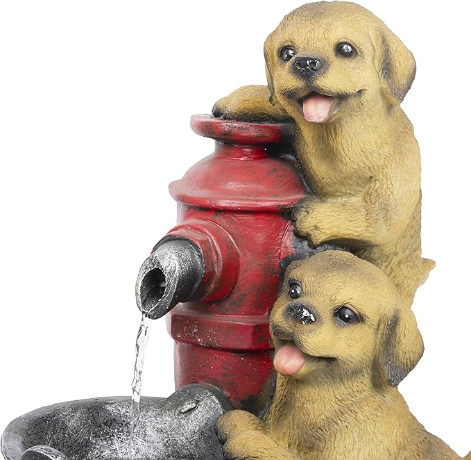 Alpine Corporation GXT986 26" Tall Outdoor Barrel Fountain with Playful Puppies, Cascading Garden Water Feature for Patio, Lawn, or Yard Decor, Brown