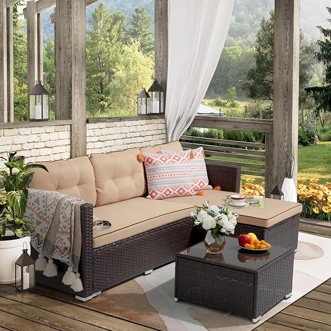 JOIVI Outdoor Patio Furniture Set, Wicker Patio Conversation Set with Tempered Glass Coffee Table, All-Weather Rattan Furniture Small Sectional Sofa Set, L-Shaped Outdoor Seating with Cushions, Brown