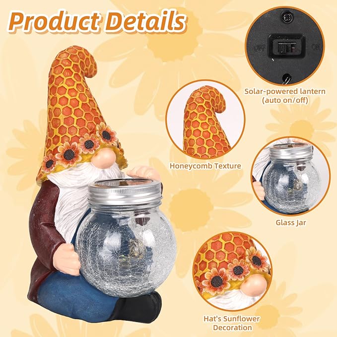 Lyeasw Garden Gnomes Outdoor-Sunflower Gnome Statues with Solar Glass Jar for Yard, Patio, Porch, Lawn Ornaments- Unique Gardening Gifts for Mothers Day, Housewarming
