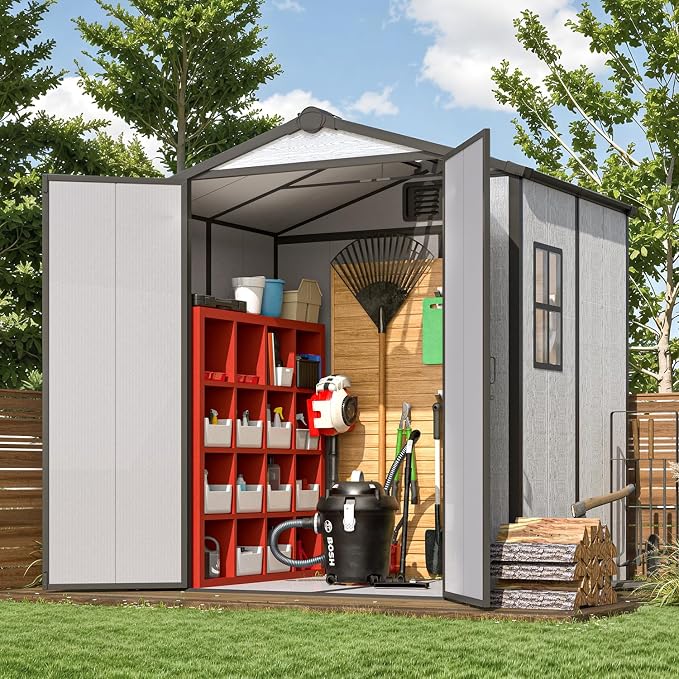 MELLCOM 6x4 FT Resin Outdoor Storage Tool Shed with Windows and Lockable Door, Garden Storage Shed with Floor, Resin Outdoor Shed for Bike, Garbage Can, Lawnmower by MELLCOM