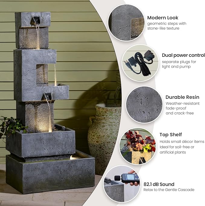 48 inches Outdoor Water Fountain Tiered Large Waterfall Freestanding Cascade Fountains Modern Geometric Effects with LED Lights for Garden Patio Yard Pool Home Decor Gray