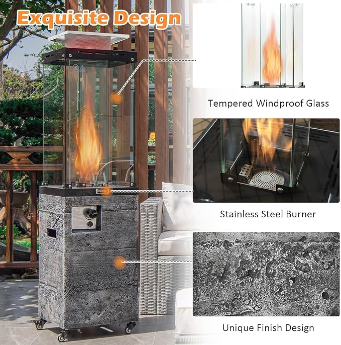 Tangkula 41,000 BTU Propane Patio Heater with Waterproof Cover, Outdoor Heater with Lockable Wheels, Adjustable Feet, Tempered Glass Tube, Suitable for Garden Porch Patio Deck