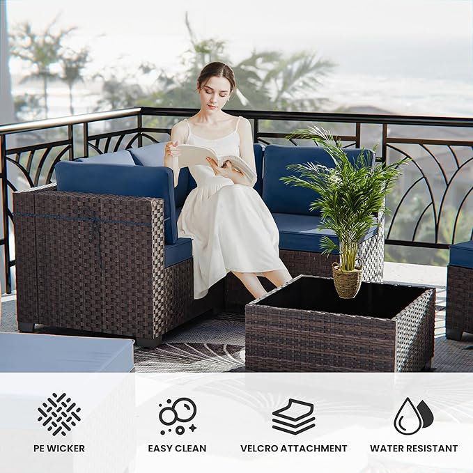 11 Pieces Outdoor Patio Furniture Set,Outdoor Sectional Furniture with 45" 55000 BTU Gas Propane Fire Pit Table,PE Rattan Wicker Patio Conversation Set,Swivel Rocking Chairs Set,Navy Blue