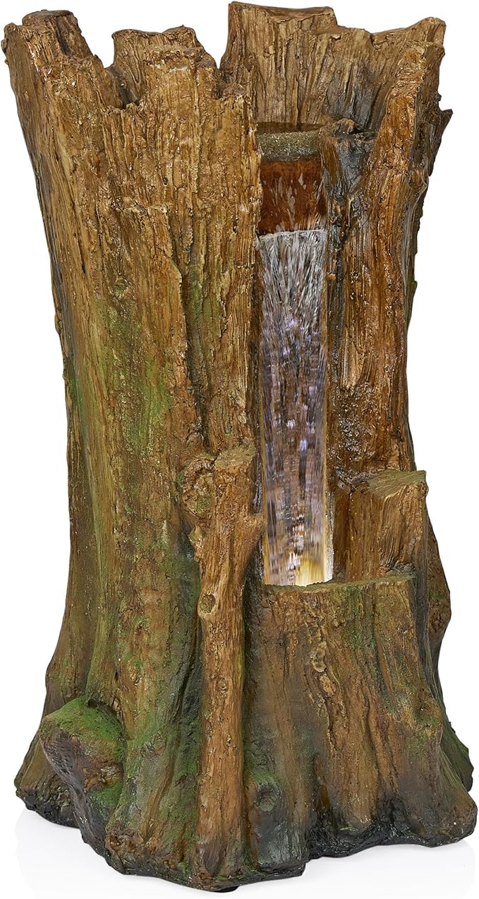 Alpine Corporation TZL294 Outdoor Tree Trunk Floor Fountain with Cool White LED Lights, Tiered Garden Decor, 22" H, Brown