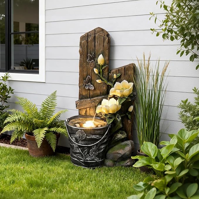 30.7" H 3-Tier Rustic Water Fountain Outdoor with Lights, Faux Iron Bucket & Wooden Stripe Cascading Waterfall Feature with Flowers & Butterfly for Garden, Patio, Backyard, Porch, Yard Decor