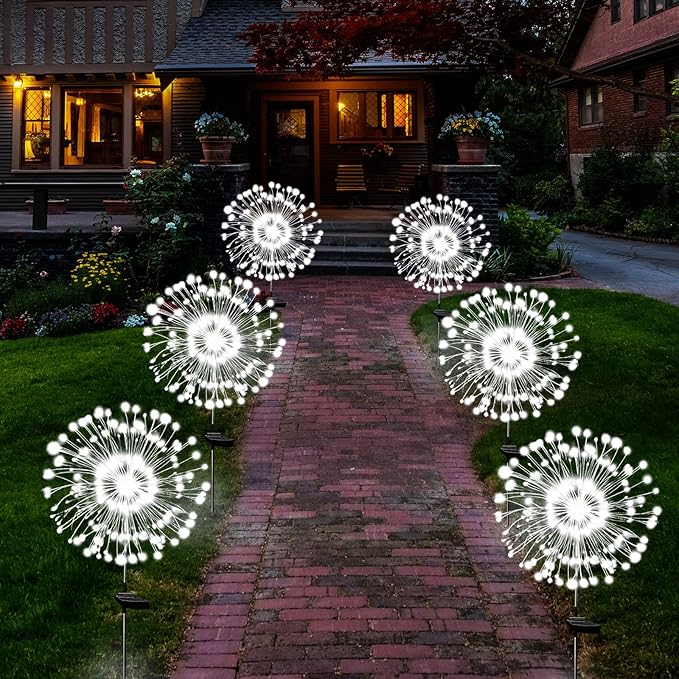 Solar Garden Lights Solar Firework Light Outdoor Waterproof 2 Pack Solar Powered Art Stake Twinkle Lights Outside Decor 180 LED Sparklers String Light for Yard Pathway Decorations (White)