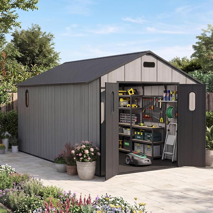 Domi 8x16Ft Resin Outdoor Storage Shed with Floor, Plastic Garden Storage Shed, Outside Weatherproof Storage Building for Tools, Bike, Lawn Mower, Patio, Backyard by domioutdoorliving