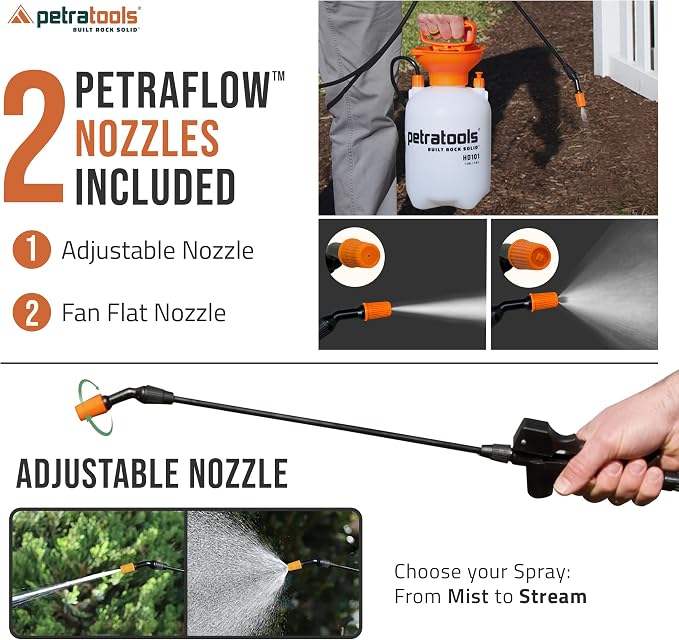 Petratools 1 Gallon Pump Sprayer – HD101 Garden Sprayer for Weeds, Lawn Care & Pesticides – 52” Long Hose, 2 Nozzles & Easy Carry Handle – Durable & Lightweight - Image 2