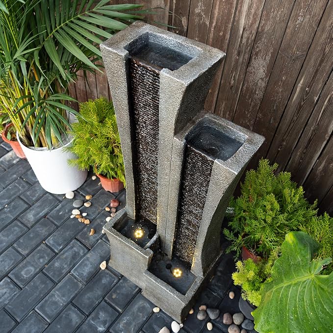 YZM Modern Outdoor Water Fountain Indoor Cascading Floor-Standing Fountains with Led Lights 2-Curved Column Garden Waterfall for Backyard Patio Porch Deck Home 39.76” H