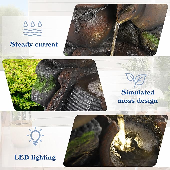 Outdoor Cascading Rock Water Fountain, 4-Tiers Fountains and Waterfalls with LED Lights, Indoor Freestanding Resin Waterfall Feature w/Pump for Patio, Garden, Backyard, Deck, Porch, Home Decor
