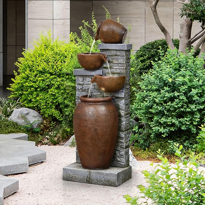 42.52" Outdoor Garden Water Fountain with Lights 4 Tiers Cascading Large Waterfall Floor Standing Fountain for Patio, Backyard, Deck, Porch and Home Art Decor