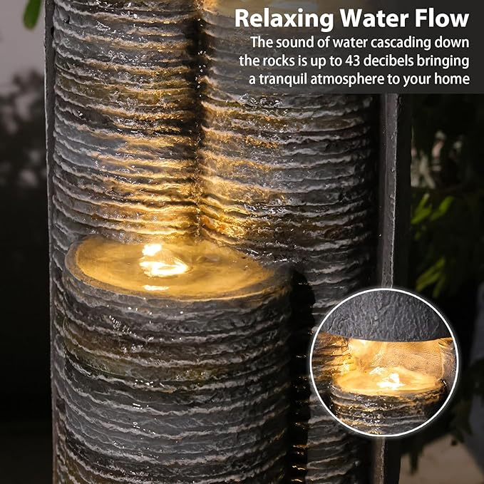 39.76" Tall Indoor Outdoor Water Fountain Modern Water Feature Stone-Textured Cascading Floor-Standing Fountains with Led Lights for Garden, Patio, Balcony, Yard, Office Home Art Decor