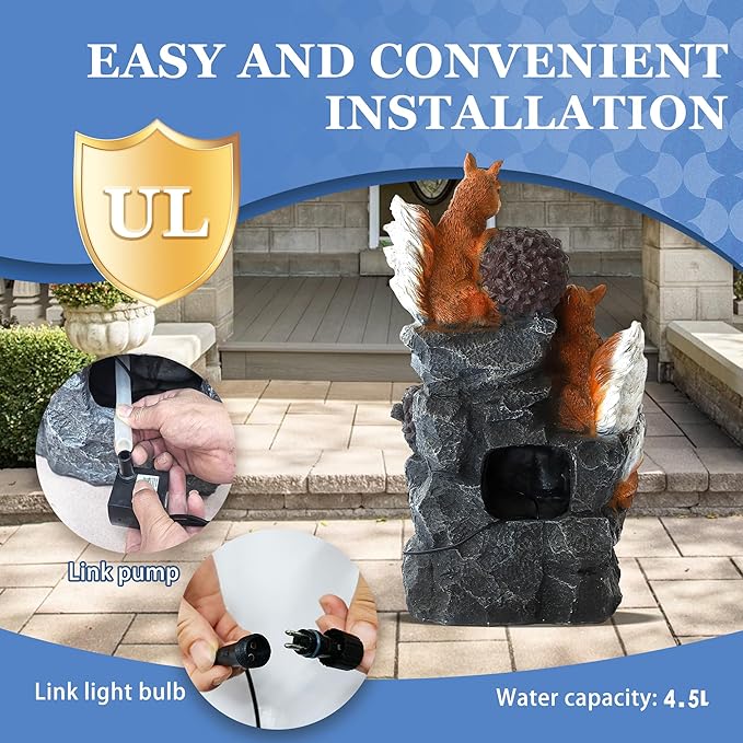 Outdoor Garden Water Fountain with Cascading Rock, 4-Tiers Fountains and Waterfalls with LED Lights,Indoor/Outdoor Morden Floor Standing Water Feature w/3 Squirrel Decor for Patio, Backyard