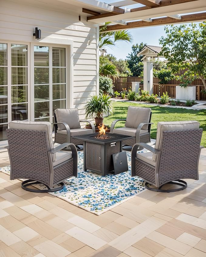 HUMMUH Outdoor Furniture with Fire Pit -Patio Table and Chairs Set of 4 Swivel Patio Chairs for Deck Porch Garden Poolside Backyard-Brown/Grey