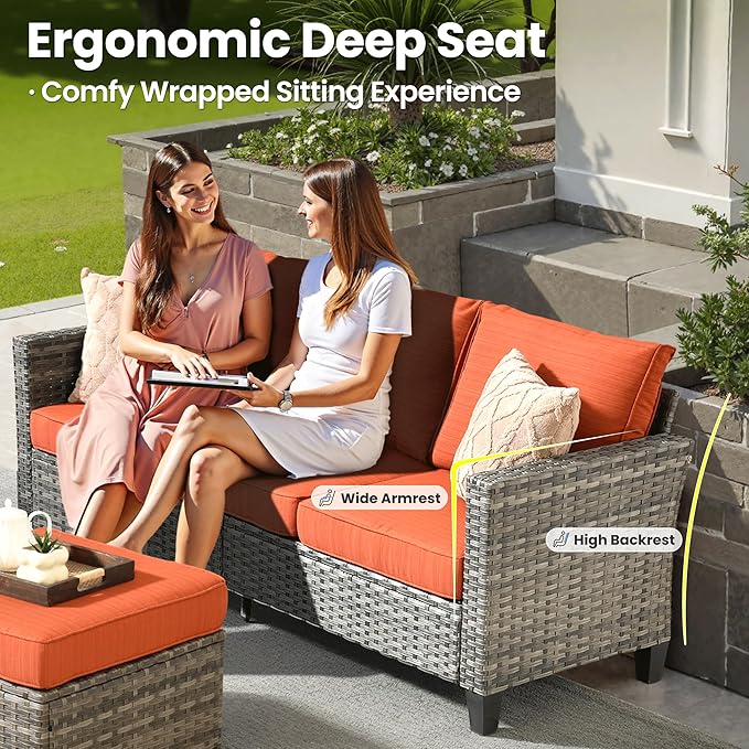 ovios Patio Furniture Set, 9 Pieces Outdoor Wicker Sofa Couch with 6 Chairs, Ottomans and Comfy Cushions, All Weather High Back Rattan Conversation Set, Orange Red