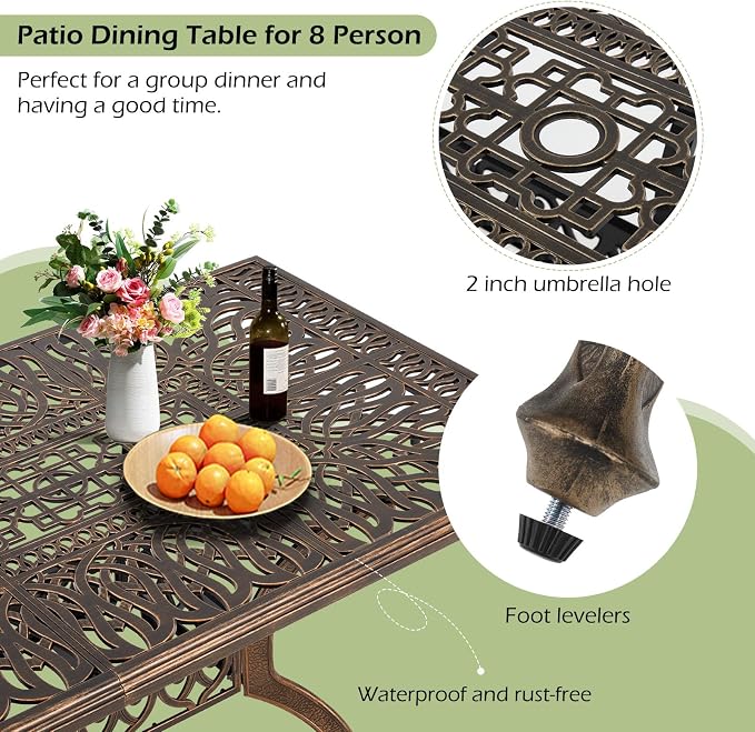 [Hi-End]Cast Aluminum Patio Furniture Set 9-Piece Outdoor Dining Set Includes 86.6’’ Rectangular Patio Table with Umbrella Hole and 8 Cushioned Dining Chairs,Rust-Free for Patio Deck Garden Pool - Image 3