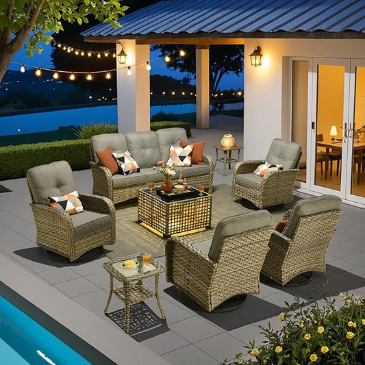 HOOOWOOO Outdoor Patio Furniture Set with Light Table,8 Pieces Wicker Conversation Set,All Weather High Back Couch Sofa Swivel Chairs Set,Charcoal Gray