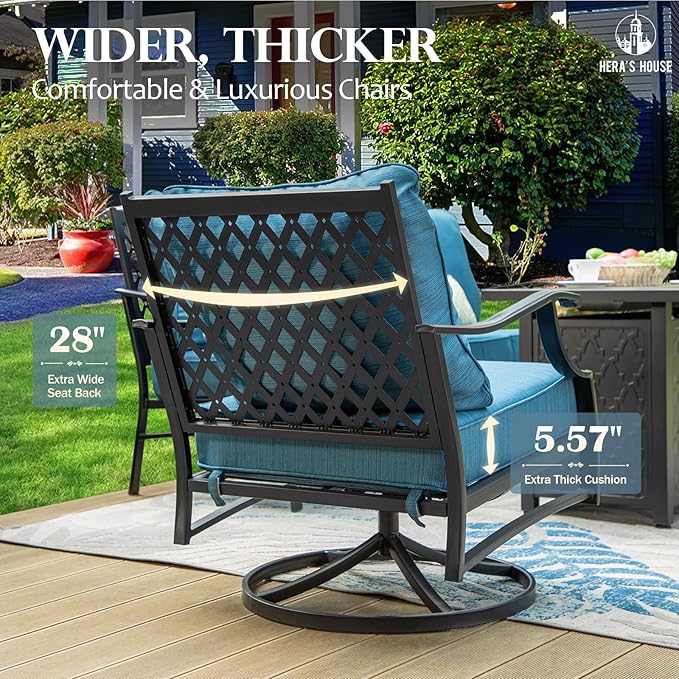 HERA'S HOUSE 7 Piece Patio Furniture Set, 2 x Swivel Chair, 2 x Leg Chair, 2 x Ottoman, 1 x 3-Seat Sofa, All Cushioned 9 Seats Metal Outdoor Conversation Set for Lawn Garden Backyard