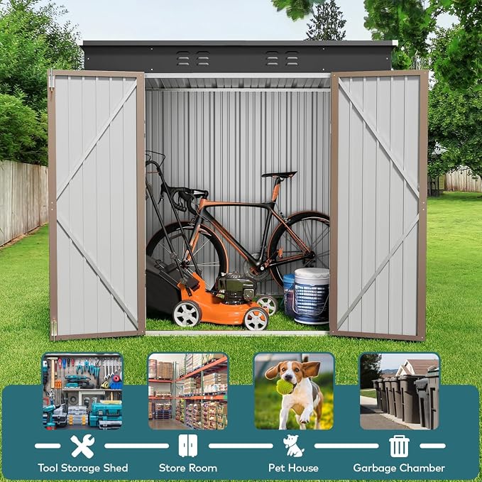 Gizoon 6' x 4' Outdoor Storage Shed with Double Lockable Doors, Anti-Corrosion Metal Garden Shed, Waterproof Shed Outdoor Storage Clearance for Backyard Patio Lawn-Brown - Image 5
