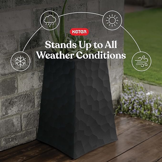 Keter Stone Tapered Planter Set of 2, Tall 26.4‑Inch Resin Outdoor Flower Pots with Stone‑Look Finish and 12.2‑Gallon Capacity, Graphite
