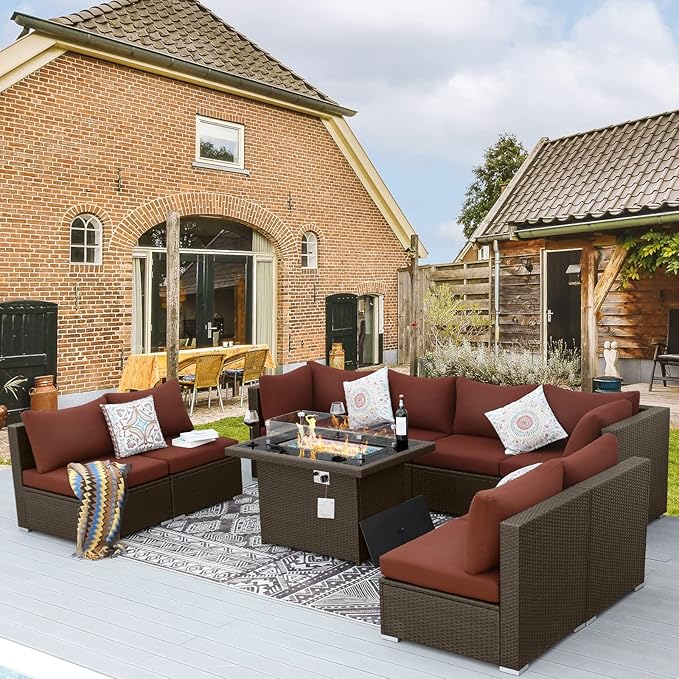 BULEXYARD 9 Piece High Back Outdoor Sectional Couch Set with Fire Pit, Luxury Weather-Resistant Patio Furniture Set, Comfy Extra Large 8-Person Backyard Seating Group L-Shape for Exterior, Brown & Red