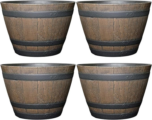 Classic Home and Garden Whiskey Plastic Resin Flower Pot Barrel Planter, Walnut Brown, 20.5" (Pack of 4)