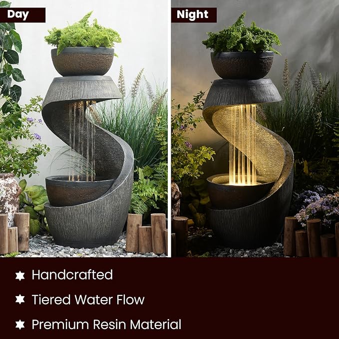 Outdoor Water Fountain with LED Lights, 31.9" Modern Resin Waterfall Fountain Outdoor, S-Shaped Garden Water Feature for Yard, Balcony, Home Decor, Patio Fountian and Waterfalls, Grey