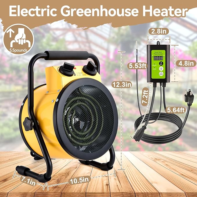 Greenhouse Heater with Digital Thermostat, 1500W Electric Outdoor Heaters for Patio, Fast Heating, Overheat Protection, Dustproof Design for Grow Tent, Green House, Flower Room, Black-Yellow