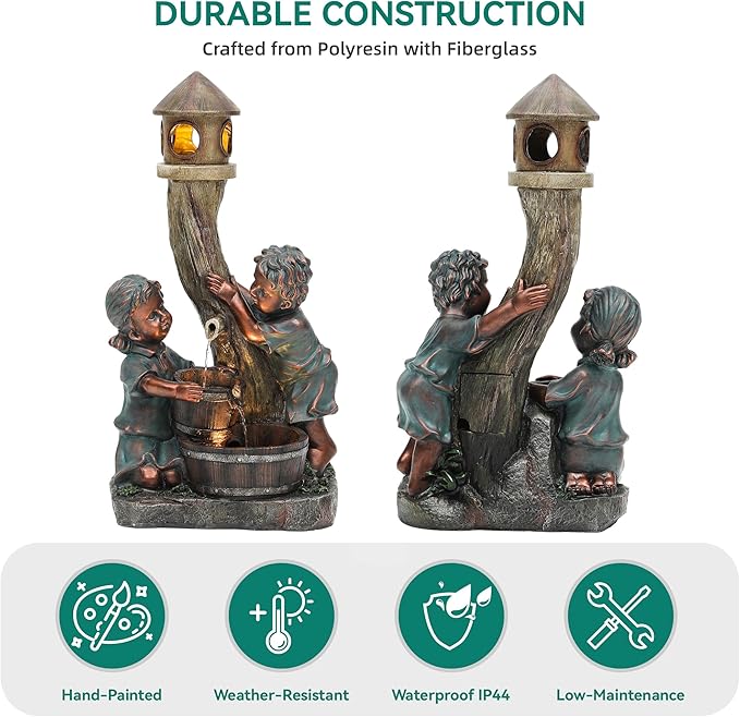 31" Boy & Girl Outdoor Water Fountain with LED Lights, Pagoda and Wood Barrel Garden Fountain, 3-Tier Cascading Waterfall for Tranquil Backyard, Patio or Porch, Faux Bronze Finish
