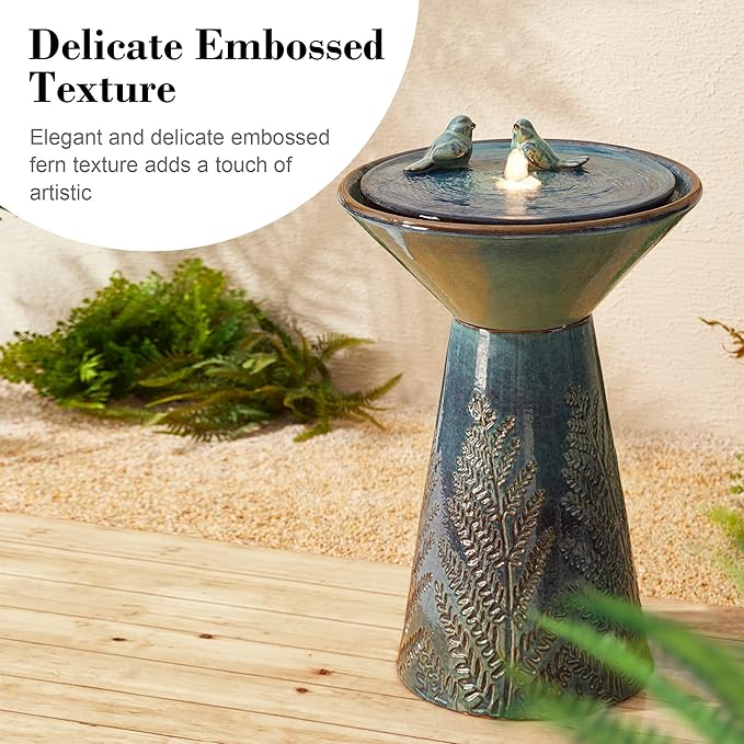 Glitzhome 27.5" H Ceramic Garden Water Fountain with LED Light and Pump Bird Bath Fountain Outdoor Turquoise Embossed Pattern Pedestal Freestanding Water Fountain for Yard Floor Patio Backyard