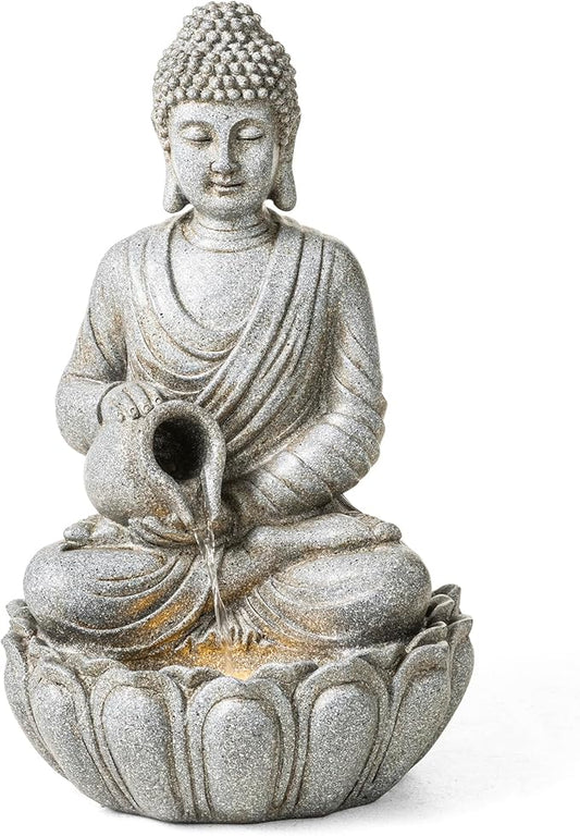 Glitzhome Buddha Fountain Outdoor 20.5" H, 2-Tier Zen Style Concrete Meditating Buddha Statues Water Fountains with Pump & LED Light, Buddhas Floor Fountains Sculpture for Garden Patio Backyard