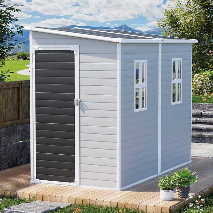 WACASA 4x8 FT Outdoor Storage Shed with Floor, 21-Gauge Reinforced Steel Frame & 16mm Thickened Resin Walls, Space-Saving Lean-to Tool House with 2 Windows & Lockable Single Door for Side Yard by WACASA