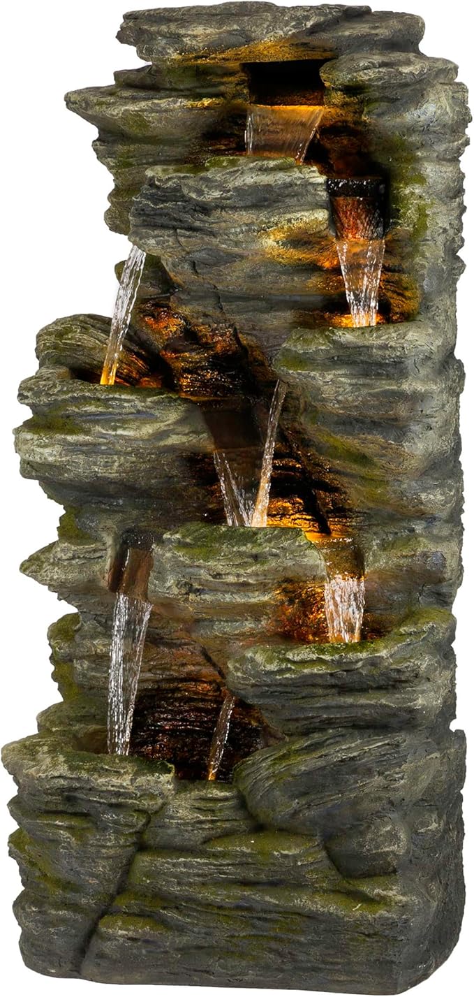 Alpine Corporation WIN1092 Outdoor Multitiered Rock Waterfall Floor Fountain with Warm White LED Lights, 51" Tall, Brown
