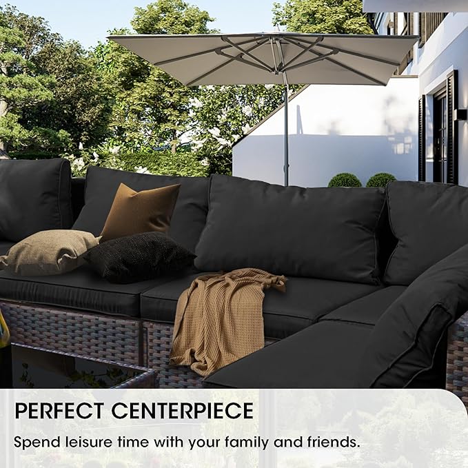 Grezone 9 Piece Patio Furniture Set with 44" Fire Pit Table, Outdoor Sectional Couch, PE Rattan Patio Conversation Sets with 4inch Cushions for Backyard Black