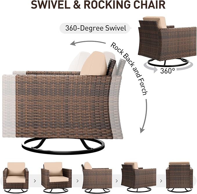 UDPATIO Patio Furniture Set, 6 Pieces Outdoor Furniture Sets with Rocking Swivel Chairs, Wicker Rattan Outdoor Conversation Set with Storage Table and Waterproof Covers for Backyard Deck Porch, Khaki