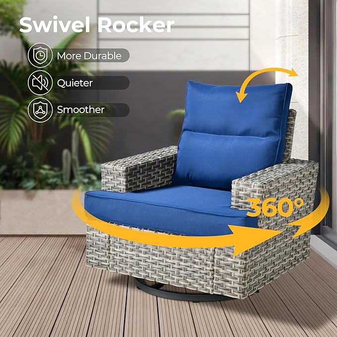 HOOOWOOO Outdoor Sectional Patio Furniture Set with Fire Pit Table,13 Pieces Wicker Conversation Sets L Shaped Couch,Extra Deep Out Door Sofa Outside Furniture with Swivel Chairs,Navy Blue