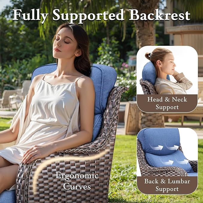 Luxury High Back Outdoor Furniture with 6-inch Extra Thick Cushions, Patio Furniture Set with Swivel Chairs, 10 PCS Wicker Conversation Set for Yard, Deck, Poolside, Brown/Blue