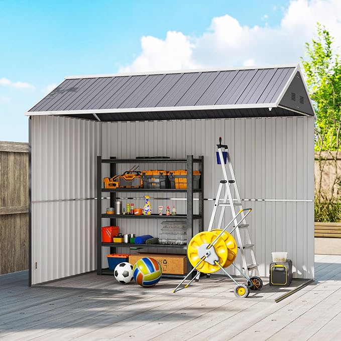 Outsunny 8' x 5.5' Outdoor Storage Shed, Metal Garden Shed with Window & Double Lockable Door, Outdoor Tool Shed Storage with Sloped Roof for Backyard, Patio, Garage, Lawn, Gray - Image 8