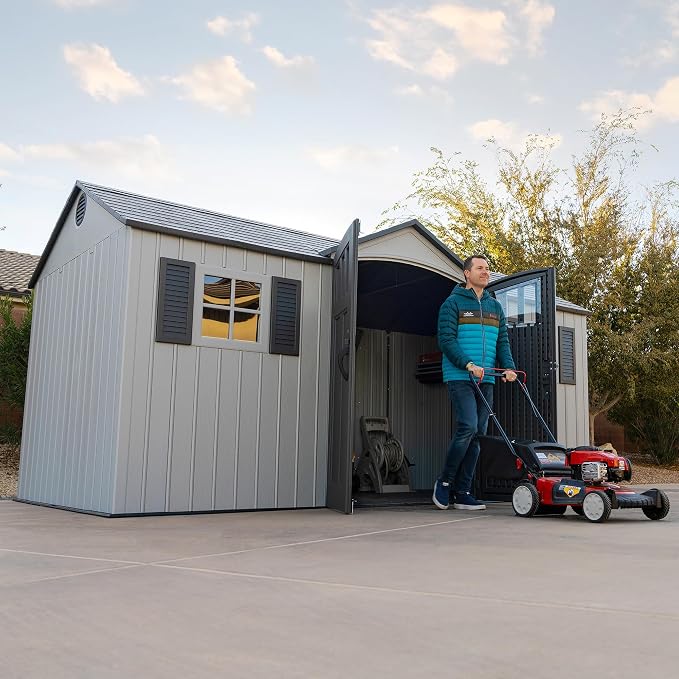 Lifetime Outdoor Storage Shed, 15x8 Ft, Gray, Resin Backyard Tool Shed with Lockable Doors and Weather-Resistant Panels - Image 7