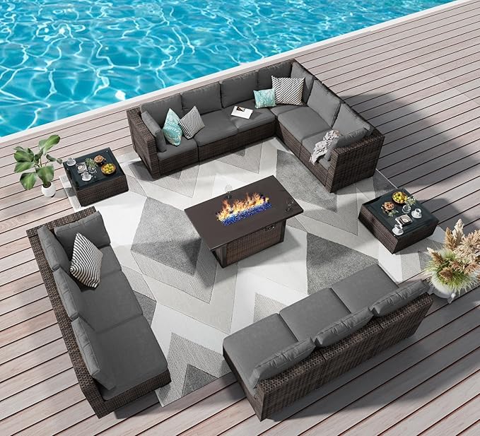 15 Piece Patio Furniture Set with 44" Fire Pit Table, Outdoor Sectional Couch, PE Rattan Patio Conversation Sets with 4inch Cushions for Backyard Grey
