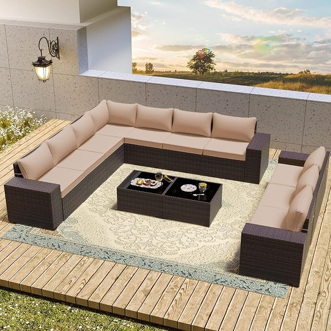 12 PCS Outdoor Patio Furniture Set,Outdoor Sectional Furniture All Weather PE Rattan Wicker Patio Conversation Set with 2 Coffee Tables and 10 Thickened Cushions,Sand