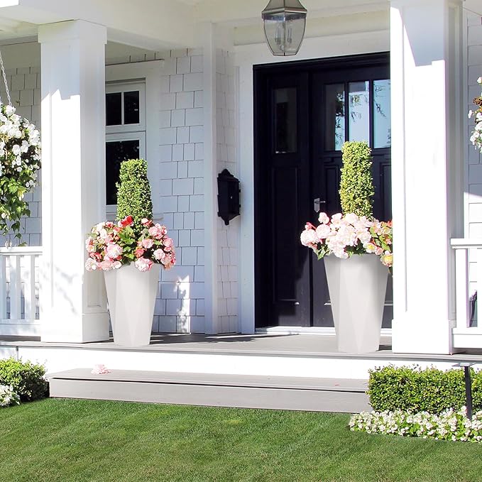GarveeLife 22.5 in Tall Diamond Planters Set of 2, Self Watering Planters with Water Level Monitor and Wheels, Flower Pots Outdoor and Indoor for Patio, Porch, Living Room, Home Office, White