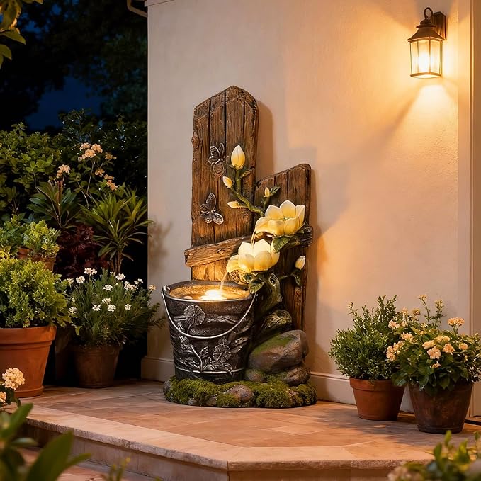 30.7" H 3-Tier Rustic Water Fountain Outdoor with Lights, Faux Iron Bucket & Wooden Stripe Cascading Waterfall Feature with Flowers & Butterfly for Garden, Patio, Backyard, Porch, Yard Decor