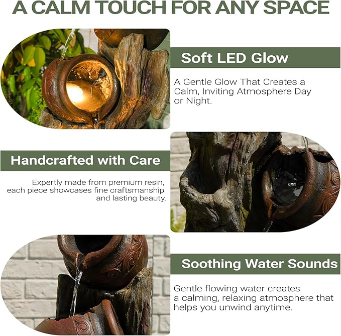 47" H Outdoor Water Fountain with LED Lights, 4-Tier Cascading Water Fountain for Indoor & Outdoor Use, Garden Patio Waterfall Fountain with Rustic Wood-Style Design for Porch, Backyard Décor