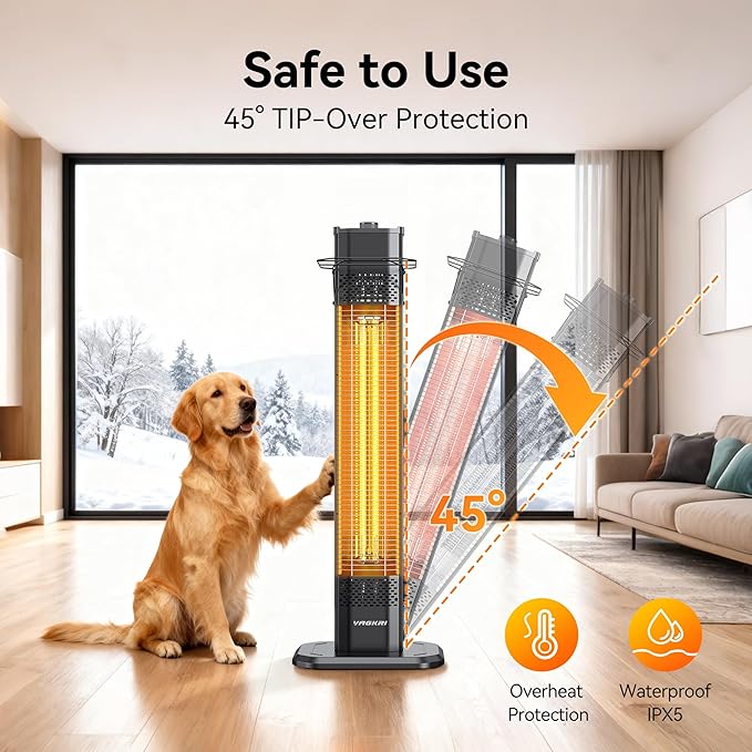 VAGKRI Outdoor Electric Patio Heater, 1500W 36" Infrared Heater with 2 Heat Tube, 3 Levels, Tip-Over&Overheat Protection, IPX5 Waterproof Tower Electric Patio Heater for Outdoor Indoor, Backyard, Room