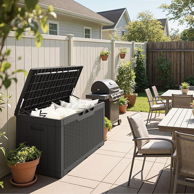 Greesum 100 Gallon Resin Deck Box Large Outdoor Storage Boxes with Cushions for Garden Tools, Patio Furniture Pillows, Pool Supplies, Black - Image 2