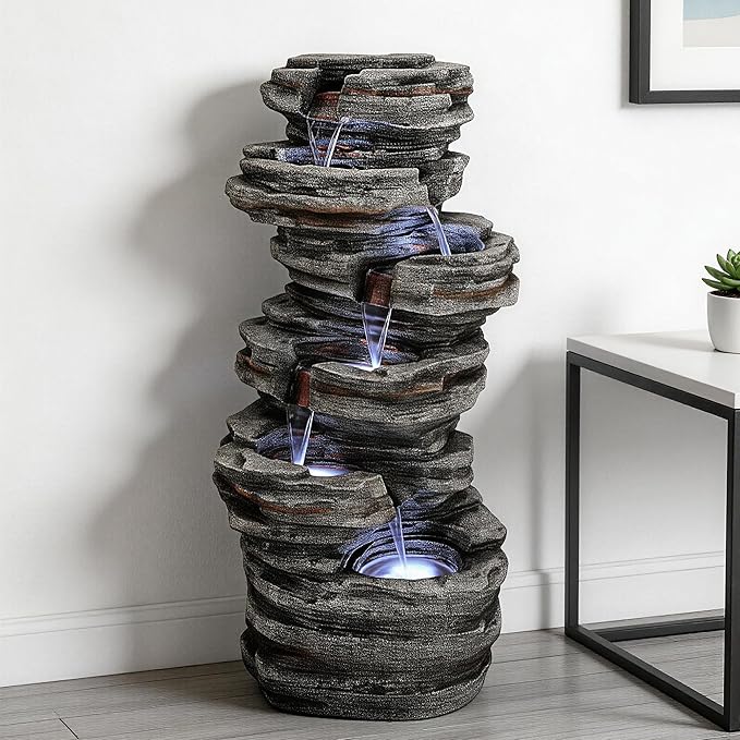40"H Stacked Stone Water Fountain Outdoor with LED Lights, 6-Tier Extra-Lage Cascading Rock Waterfall for Outdoor Patio Garden Backyard, Weather-Resistant Resin Water Feature for Serene Oasis