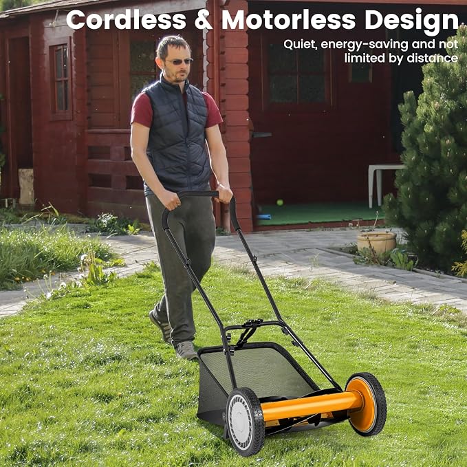 16-inch 5-Blade Push Reel Lawn Mower, Walk-Behind Grass Cutter w/Removable 7 Gallon Grass Catcher Bag & Adjustable Cutting Height, Cordless Manual Lawn Mower for Garden, Lawn, Yard (Orange) - Image 2