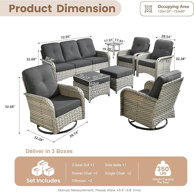 HOOOWOOO Outdoor Patio Furniture Set with Swivel Chairs,8 Pieces Wicker Conversation Set,All Weather High Back Couch Sofa Rocker Chairs Ottomans Set,Black
