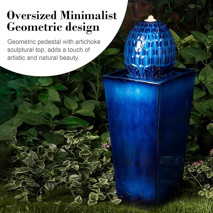 Glitzhome Water Fountain Outdoor with LED Light, Oversized Ceramic Pedestal Garden Fountains Outdoor, Artichoke Outdoor Fountains and Waterfalls Water Feature, Cobalt Blue, 35.75" H